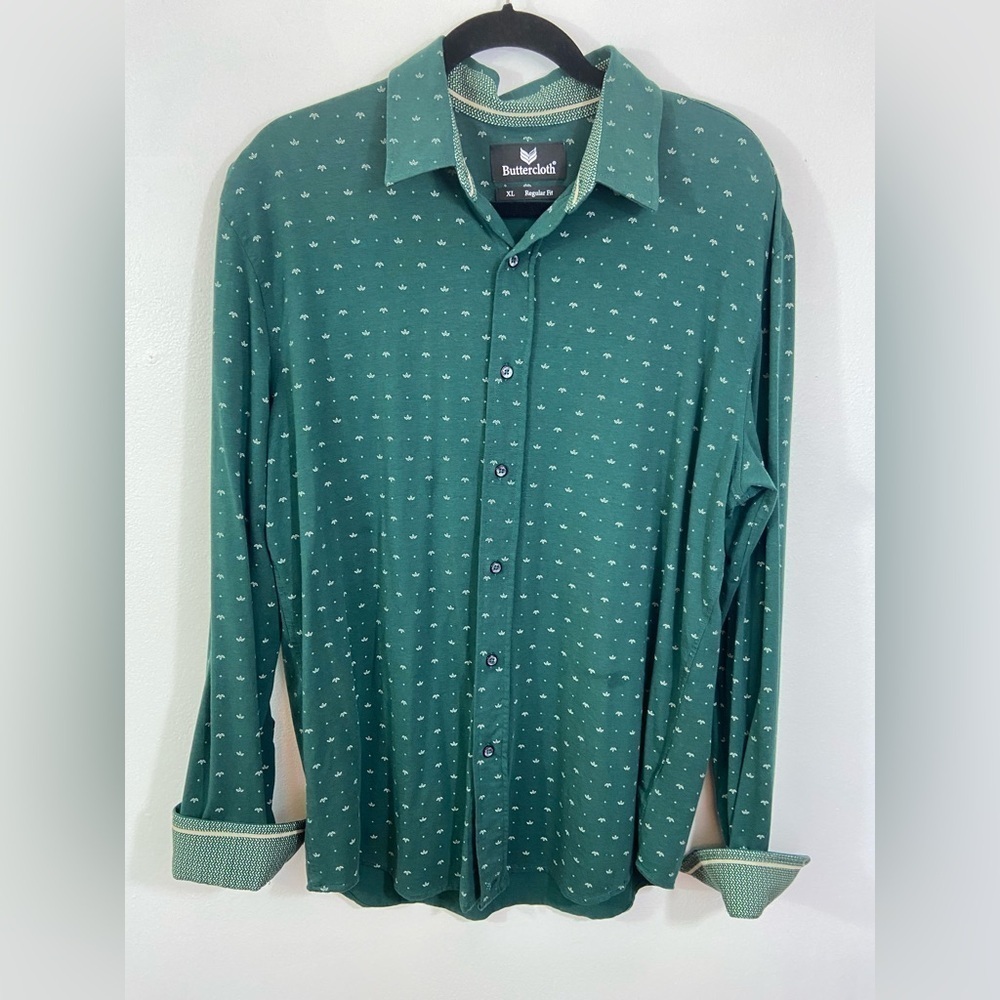 Butter Cloth Men's Shirt XL Button Front Green Print Wrinkle Resistant Stretch